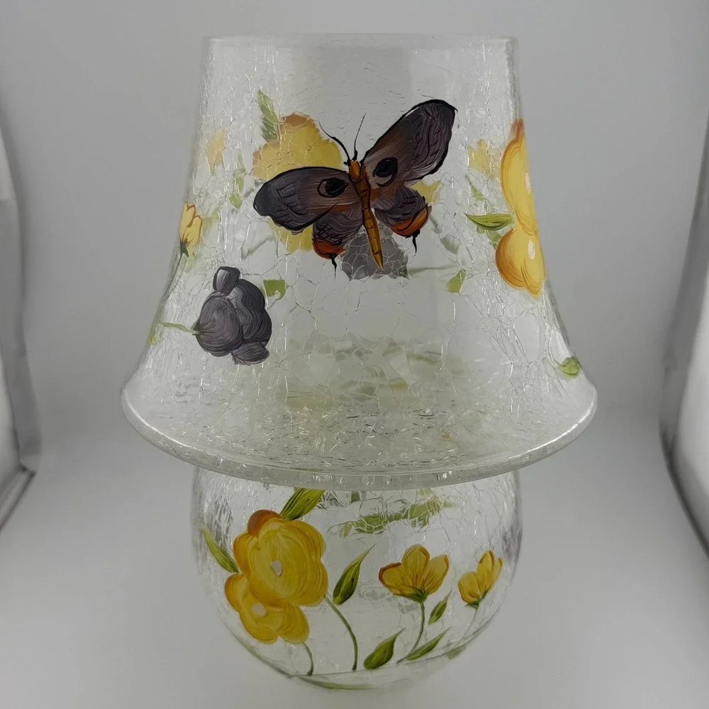 Vintage Clear Yellow Butterfly Floral Painted Crackle Glass Fairy Lamp